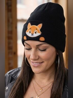 Black Beanie with Fox Patch